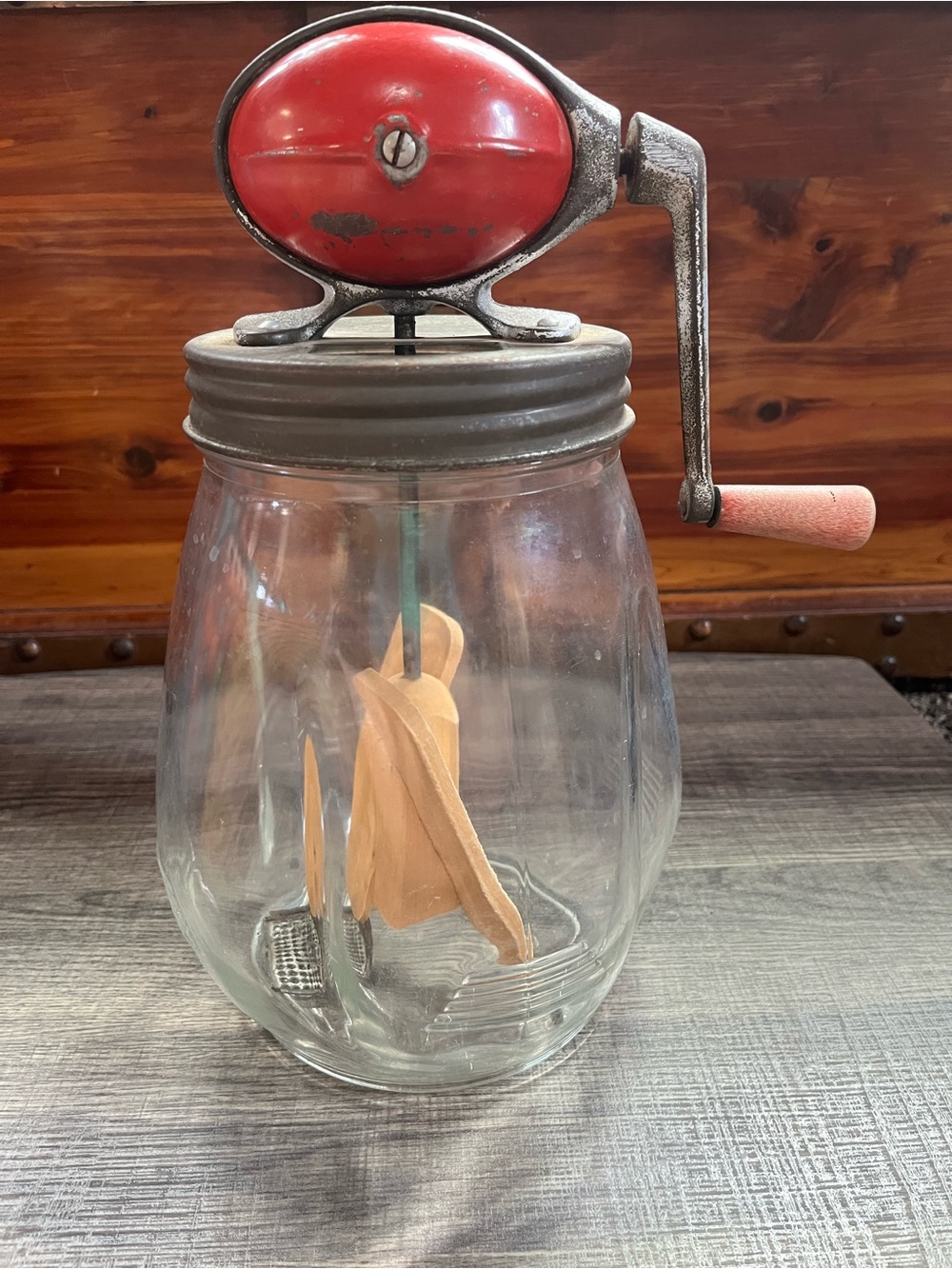 Vintage Dazey Hand Crank Butter Churn - Red Top, Glass Jar. Made in USA
